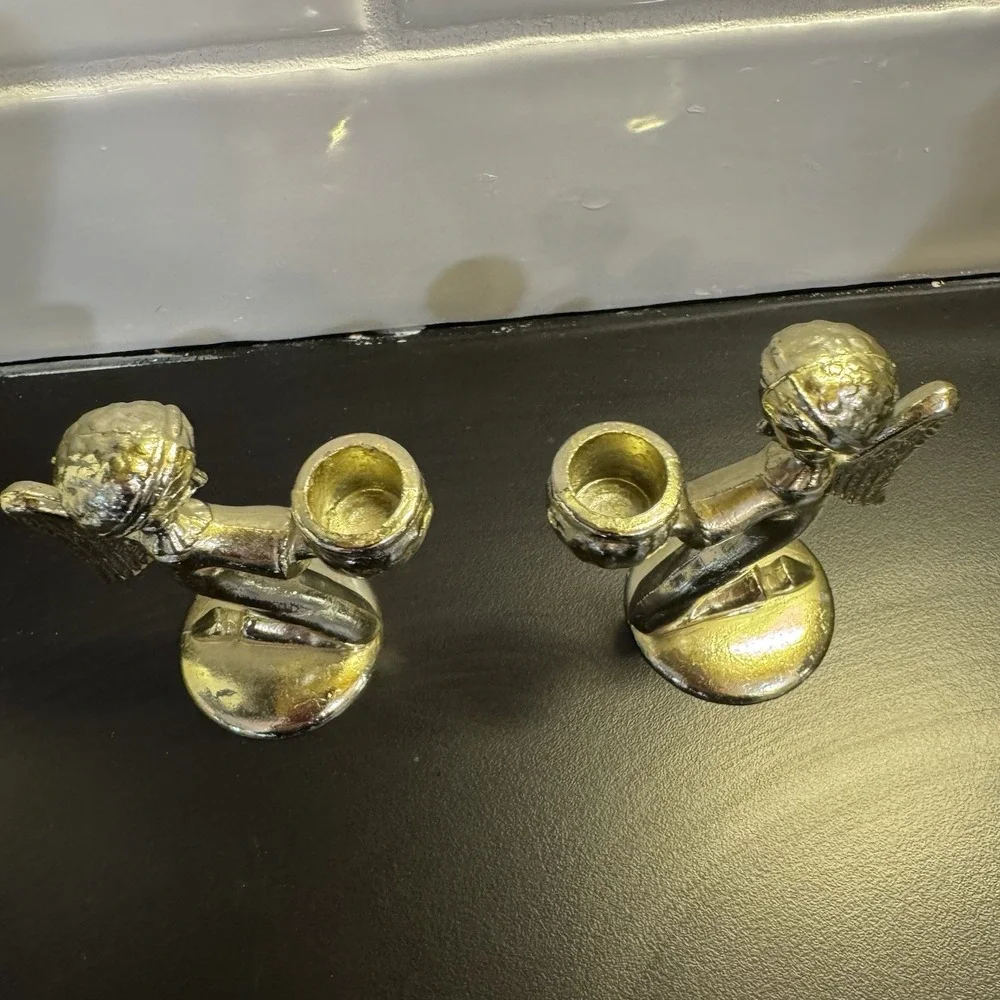 Brass Kneeling Angel Set of 2 Taper Candle Holders 3.5
